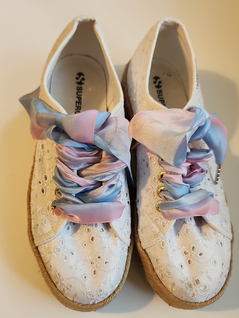 White Embroidered Women's Espadrille Sneaker with Pastel Satin Laces